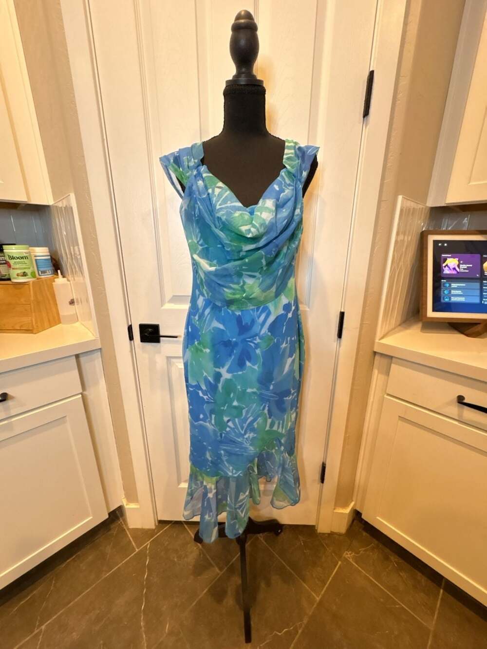 Chicme Floral Midi Dress Size L Blue Green Mesh Ruffle